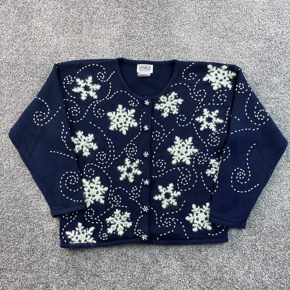 Vintage Snowflake Cardigan Sweater Women's S Blue Ramie Cotton Beaded PBJ Sport